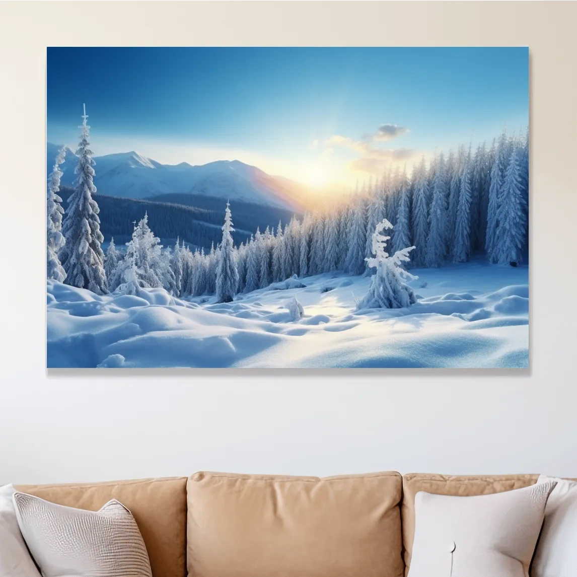 Snow covered alpine trees in the sun, photographic art