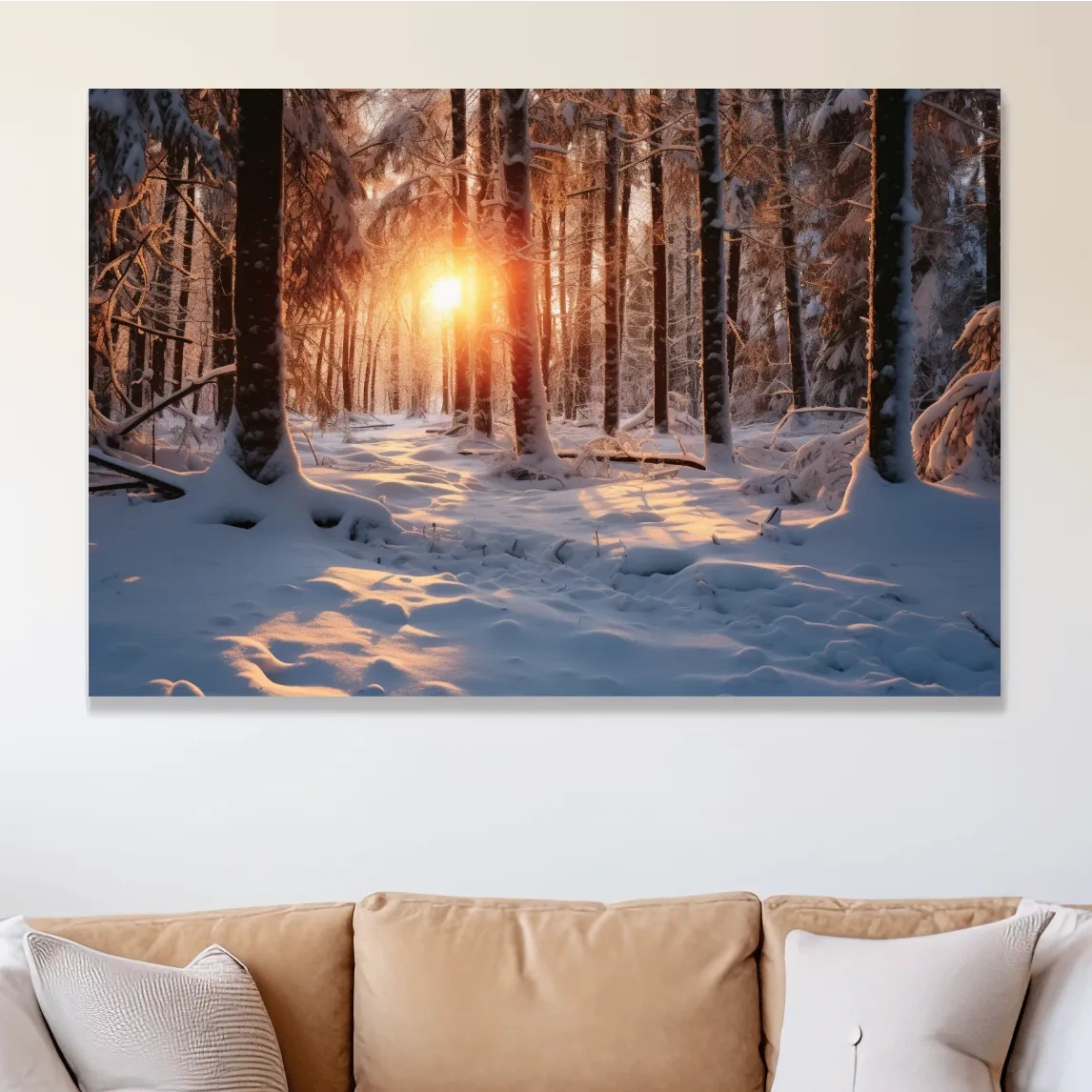Golden Winter Sunrise Snowy Forest - Serene Nature Landscape Wall Art
