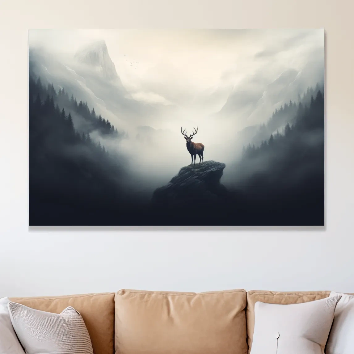 Painting of a majestic deer standing in the fog