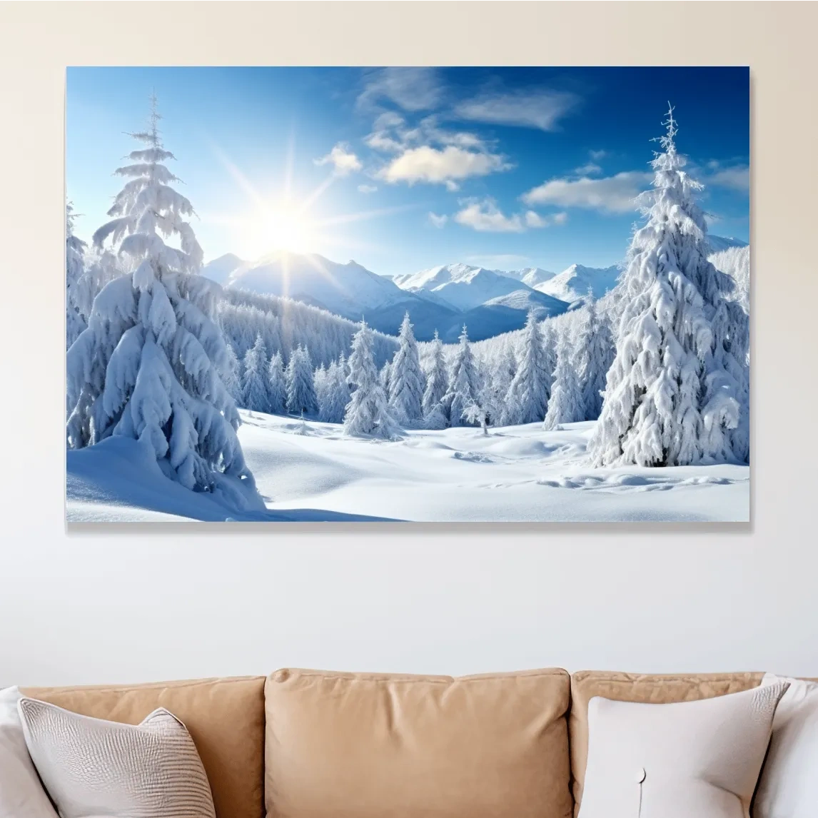 Photograph of a snow covered forest and a clear blue sunny sky
