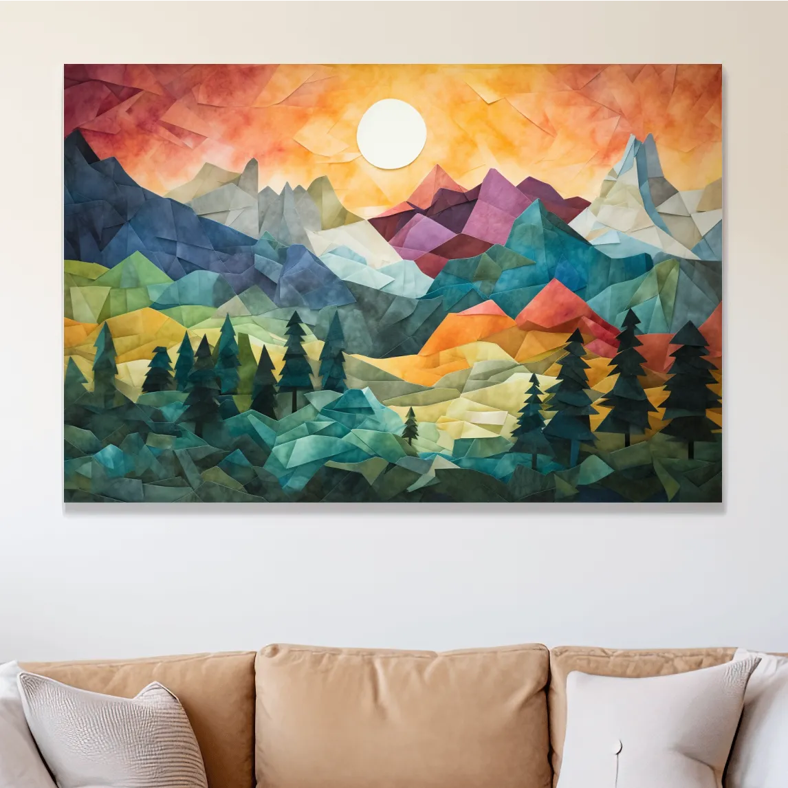 Abstract alpine mountain art at sunset, mixed media patchwork style