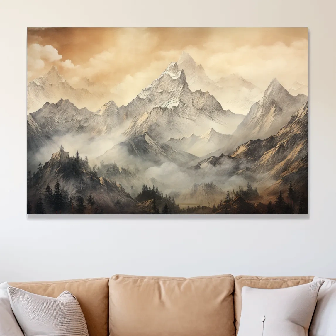 Alpine glacier scene at sunset, sketch style drawing artwork, high alpine landscape wall art 