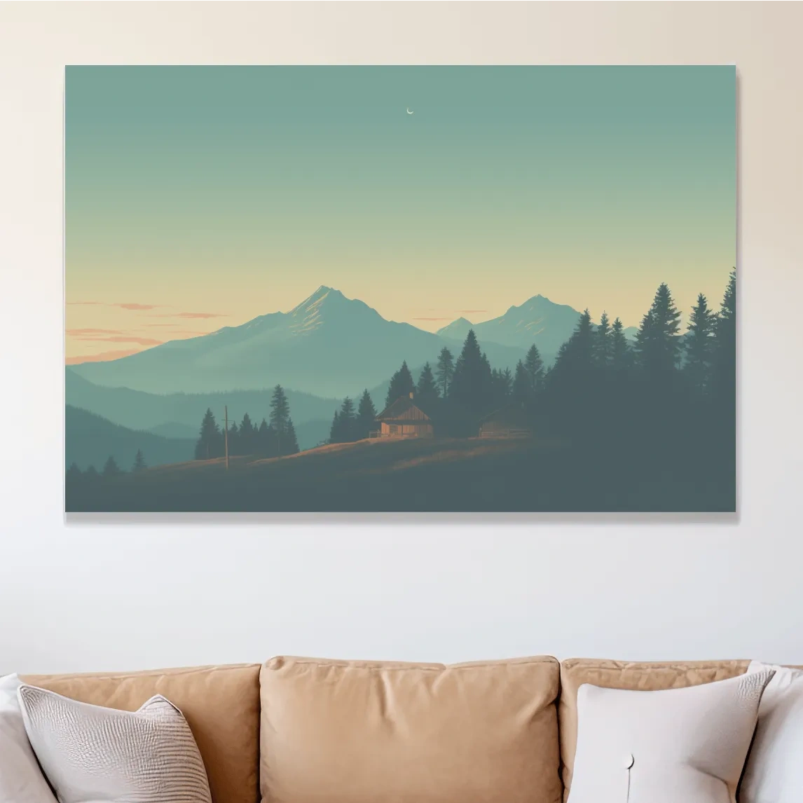 Mountain cabin in the hazy dusk, postcard style art