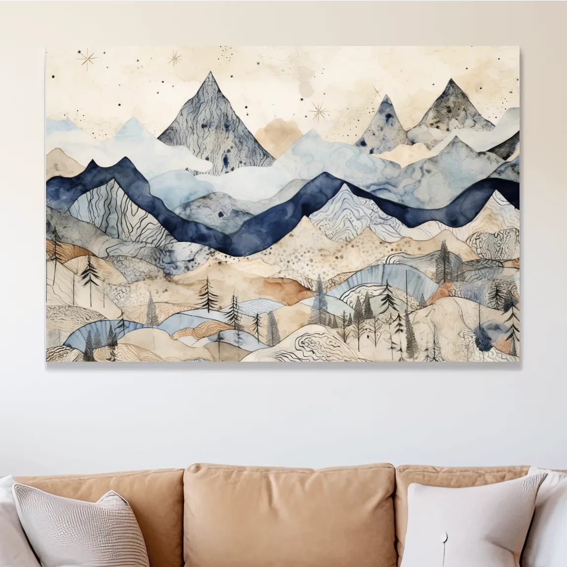 Surreal alpine mountain landscape art, patchwork style artwork