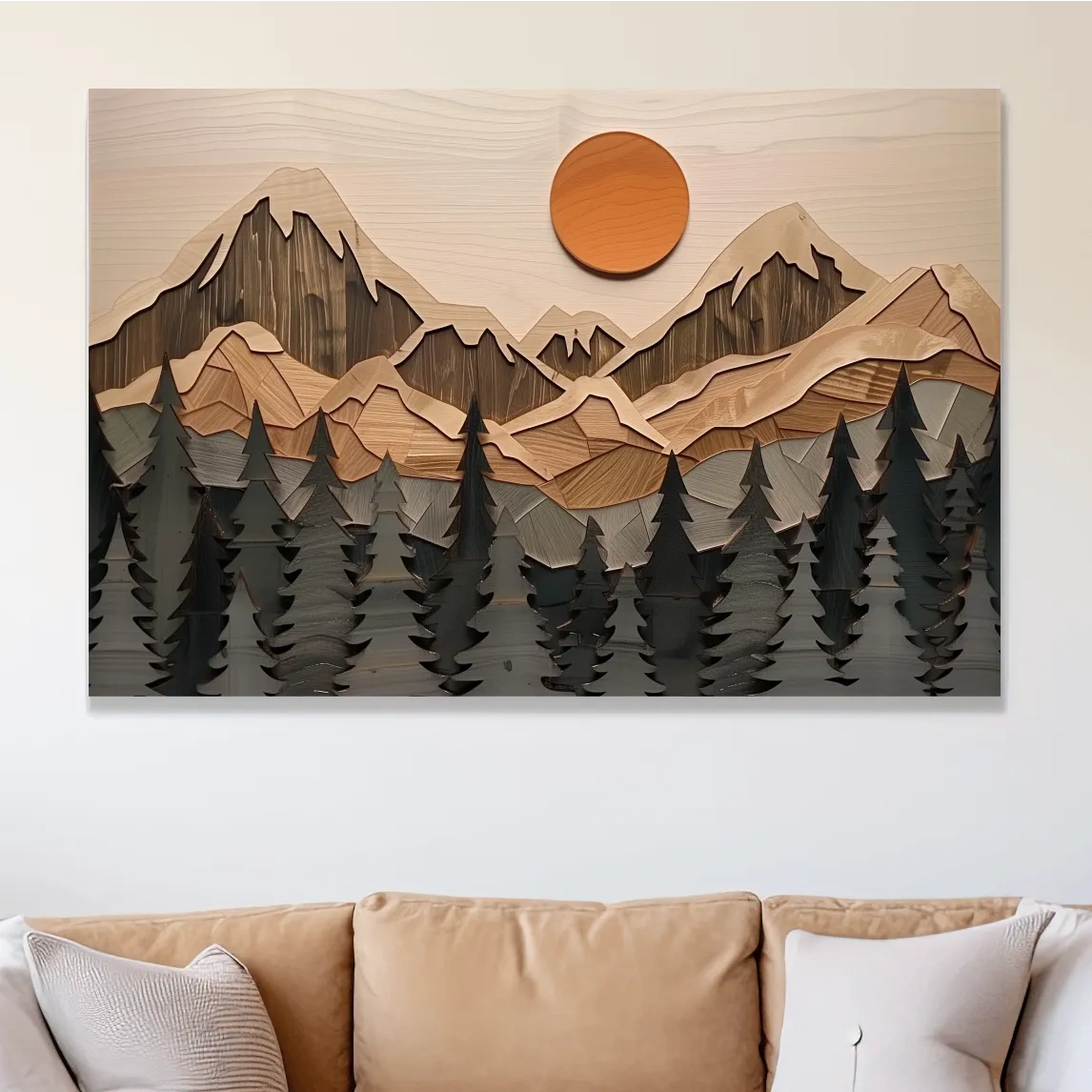 Rustic Geometric Wood Grain Mountain Sunrise - Pine Forest Landscape Wall Art