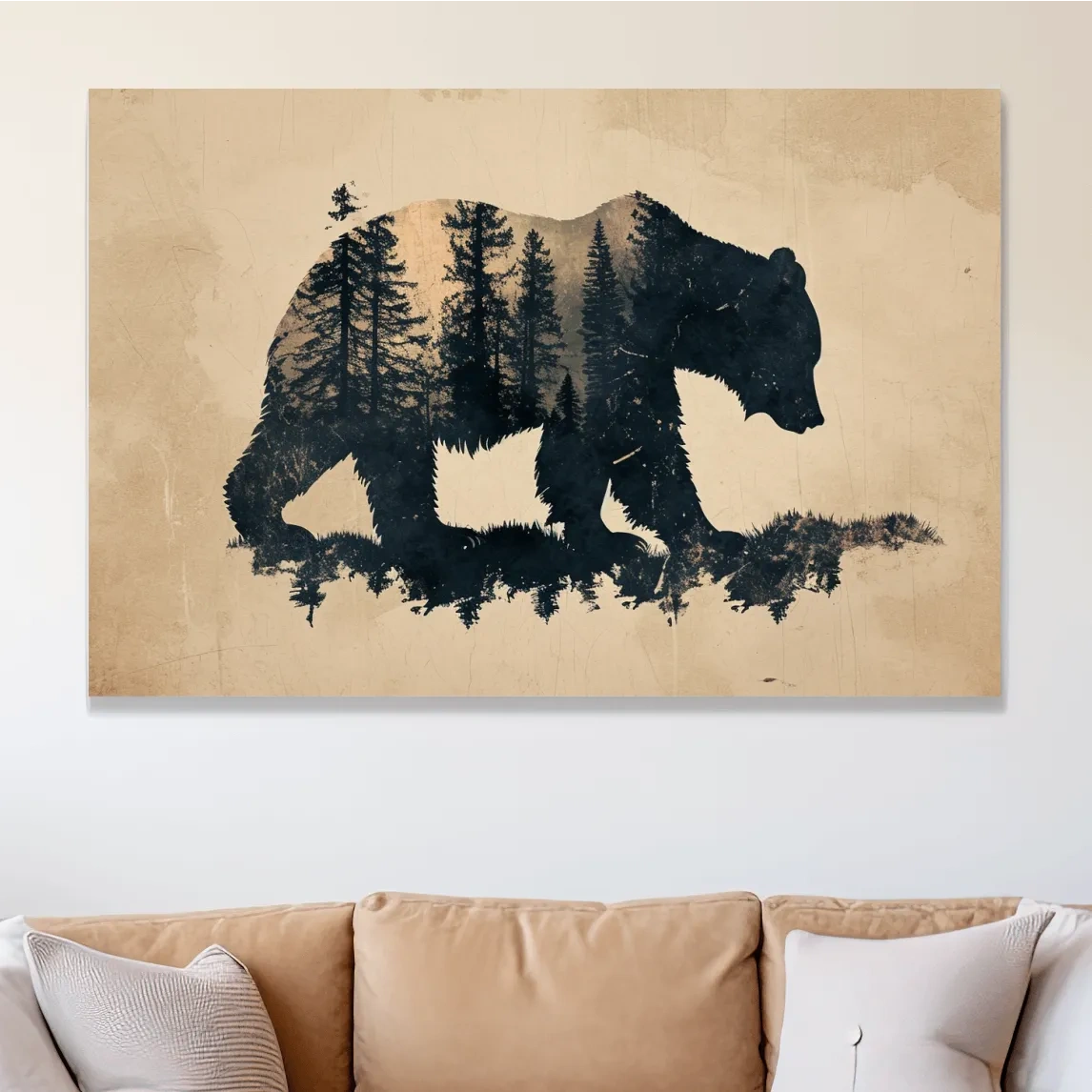 Vintage grizzly bear illustration artwork, double exposure sepia style