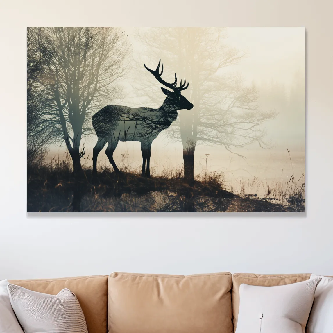 Double exposure photographic artwork of a deer silhouette in the forest