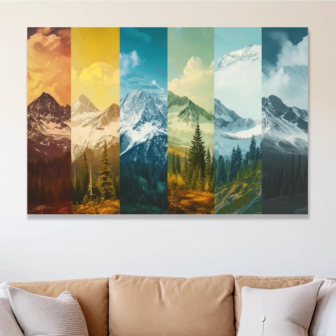 Changing of seasons, alpine forest and glacier art, split panel artwork