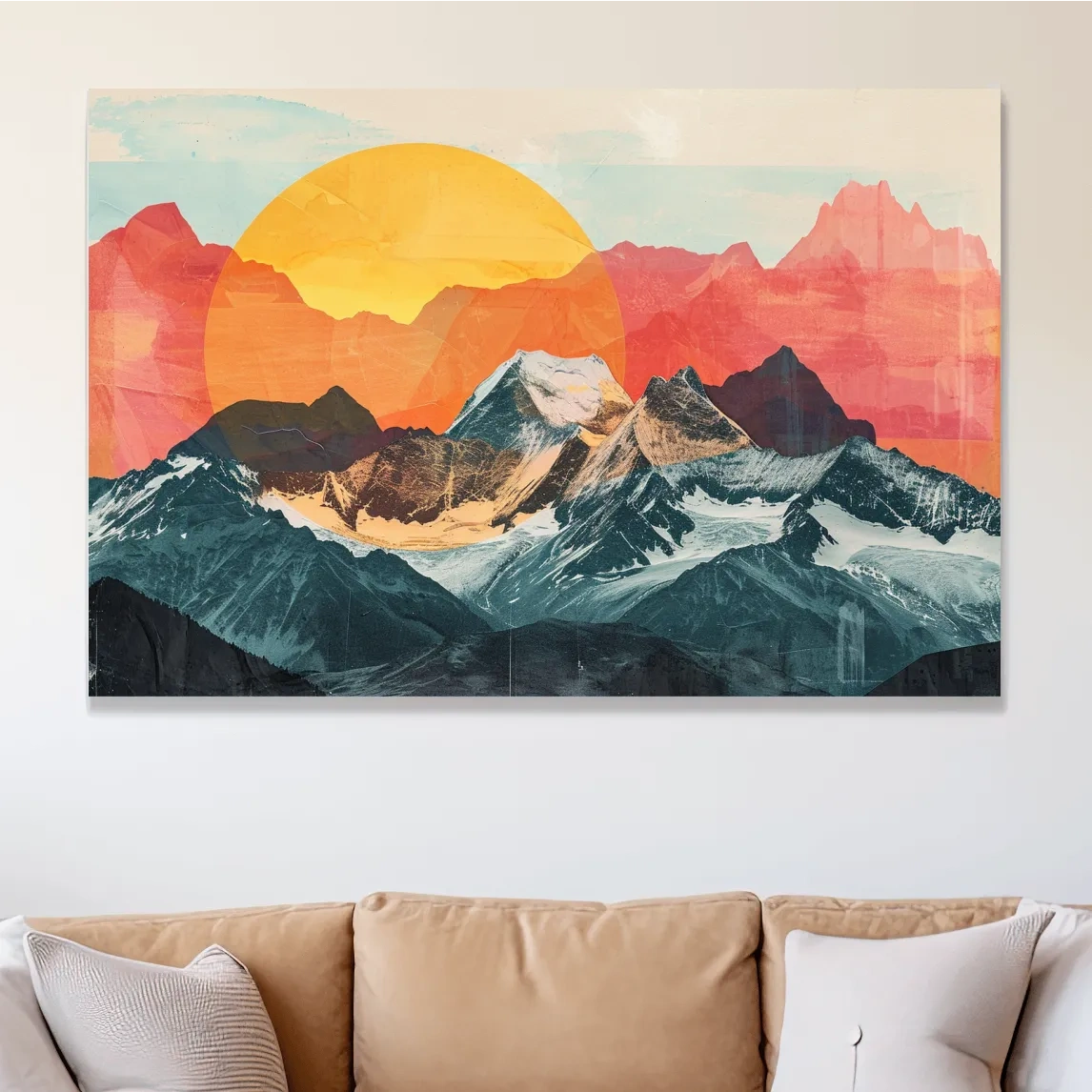 Print collage style abstract mountain artwork