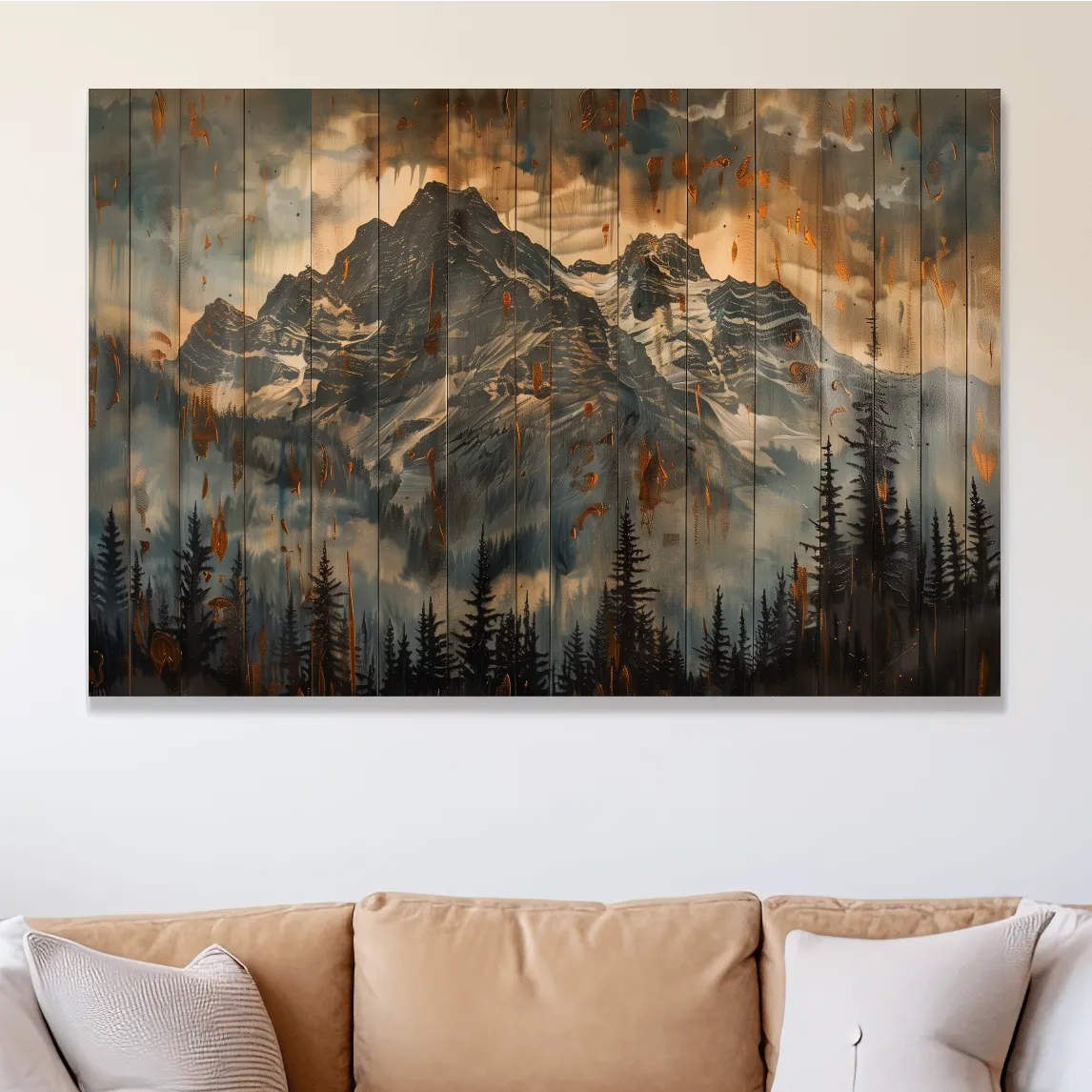 Mountain range wall art, rustic wood panel effect, wood burning style cabin art