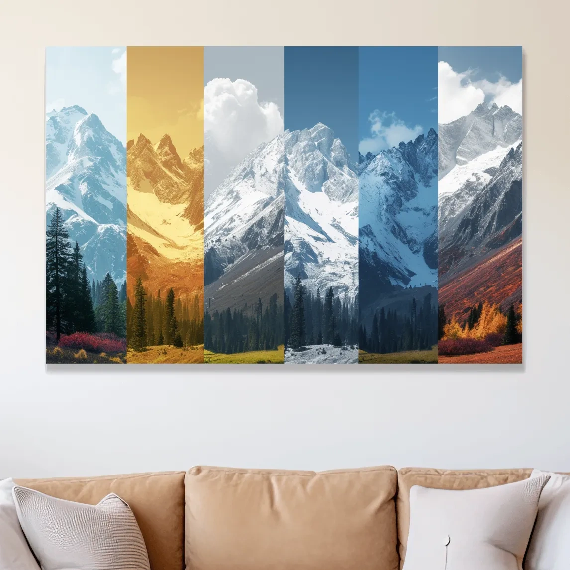 Alpine mountain artwork, forest and glacier, split panel changing of seasons inspired