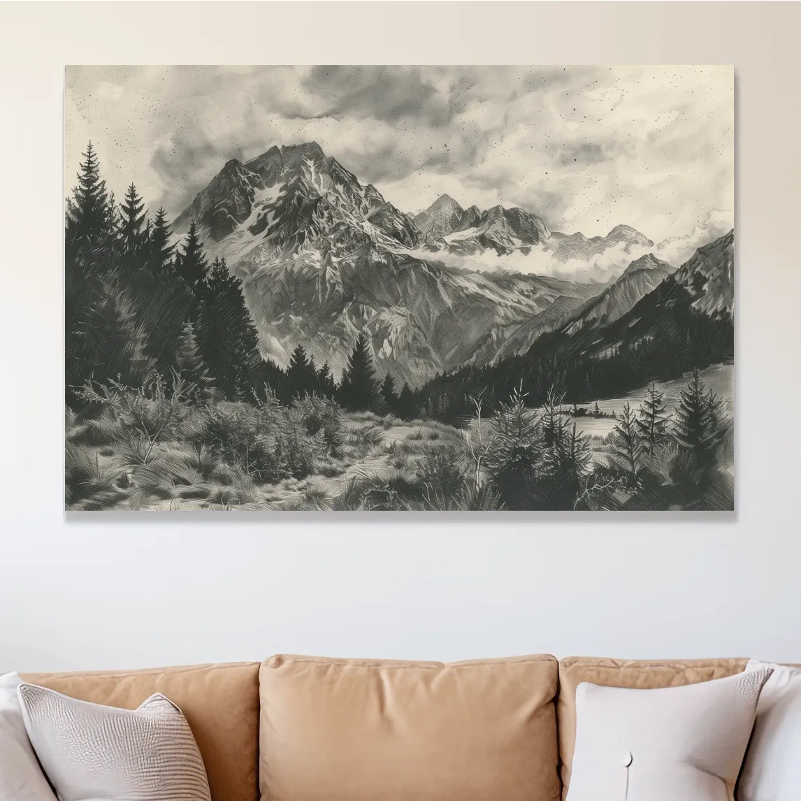 Lead pencil drawing, alpine meadows glacier artwork