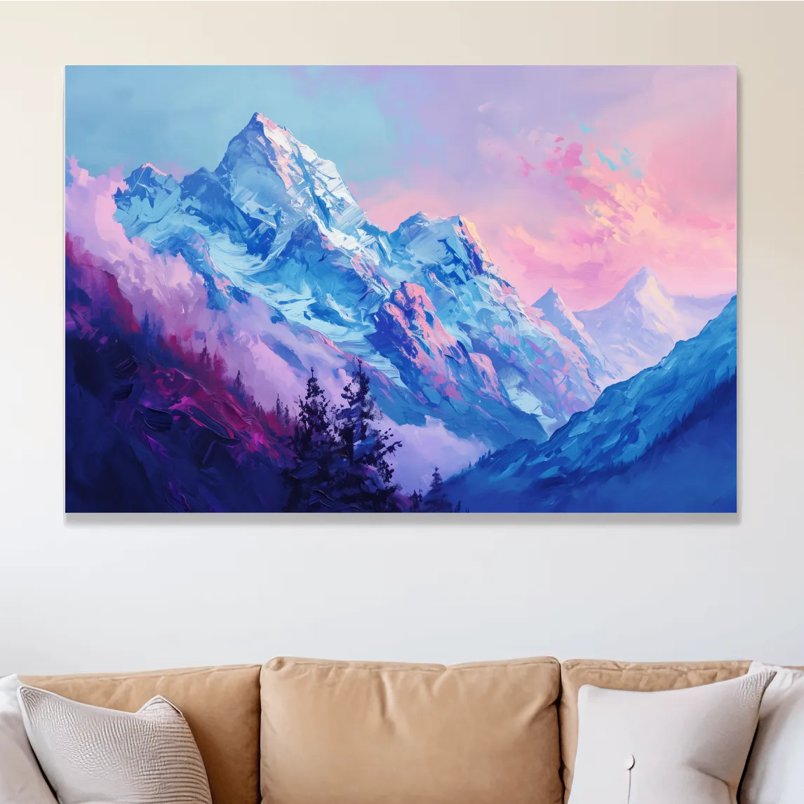 Impressionism style painting of a pink alpine sunset over a glacier