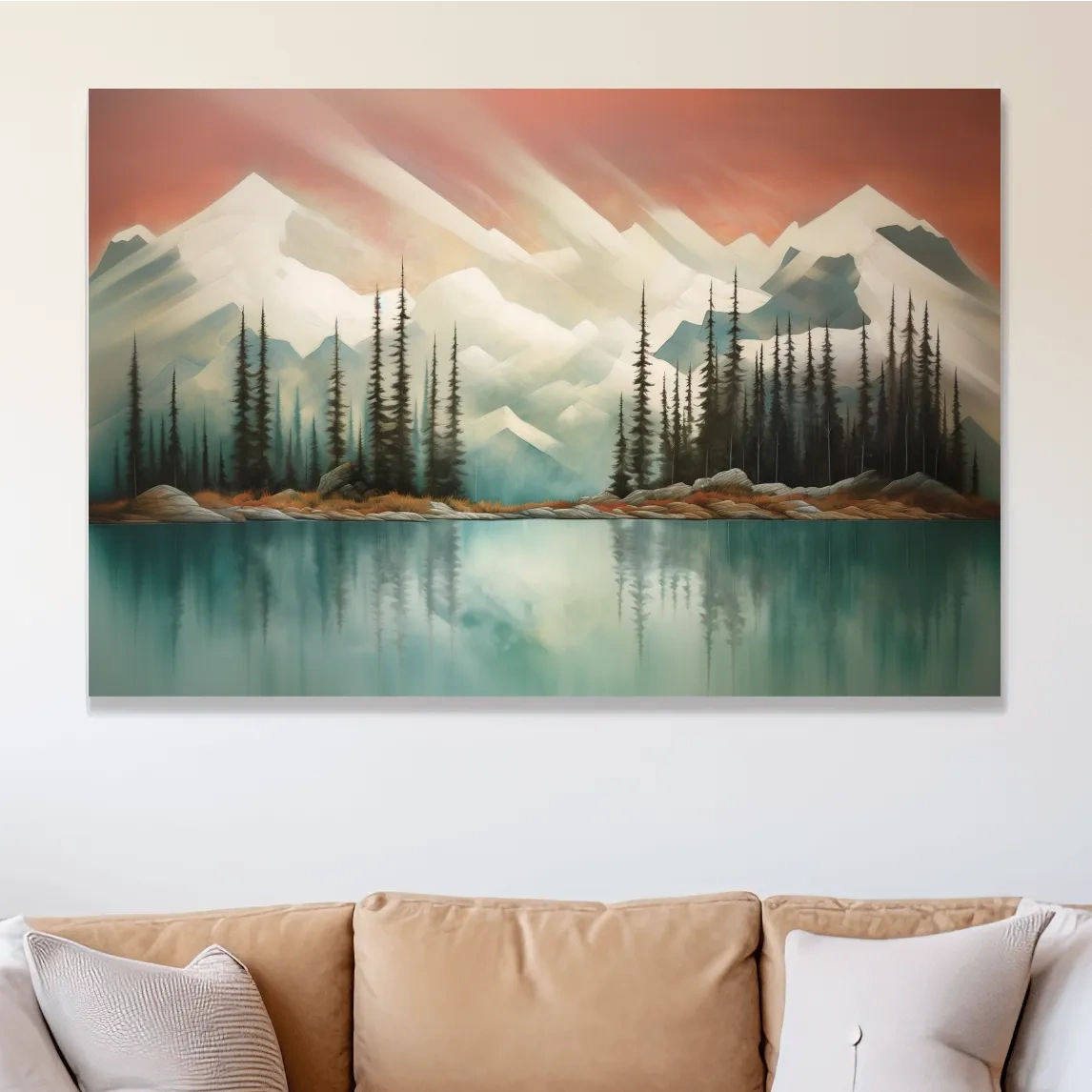 Trees on a beautiful alpine lake, mountain painting, abstract
