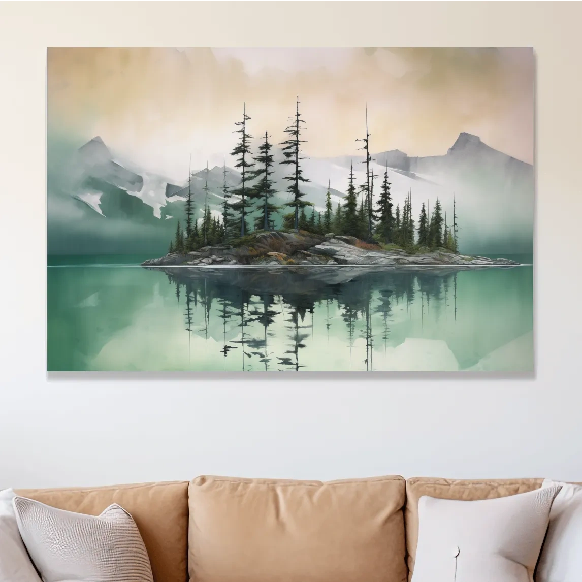 Trees on a turquoise alpine lake, mountain painting