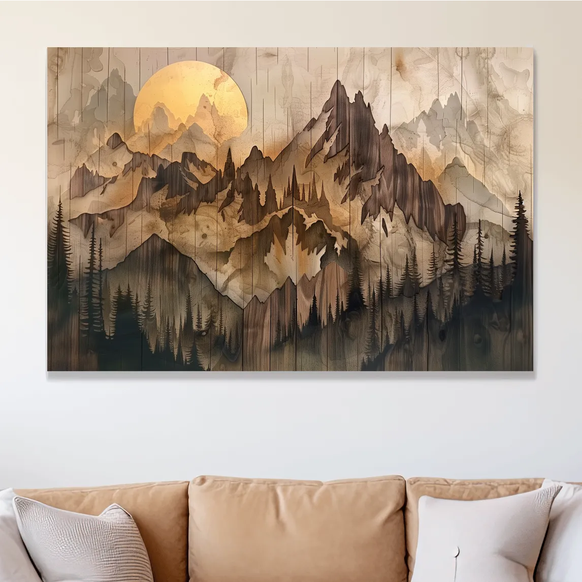 Rustic wood panel effect alpine mountain forest wall art, wood burning effect cabin artwork