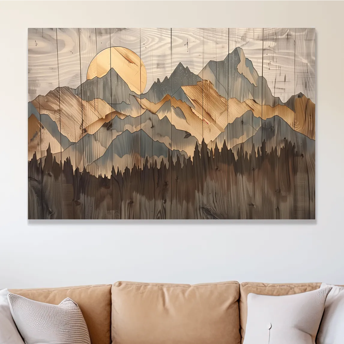 Rustic Mountain Range Sunrise - Woodgrain Style Forest Wall Art