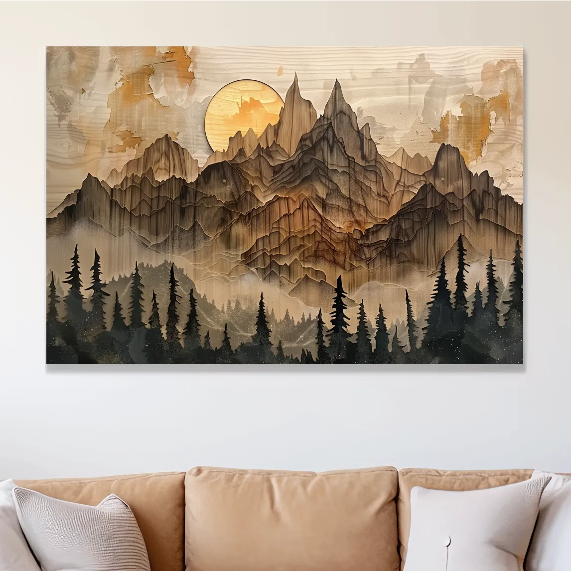 Mountain and forest artwork, rustic peeled paint on wood effect