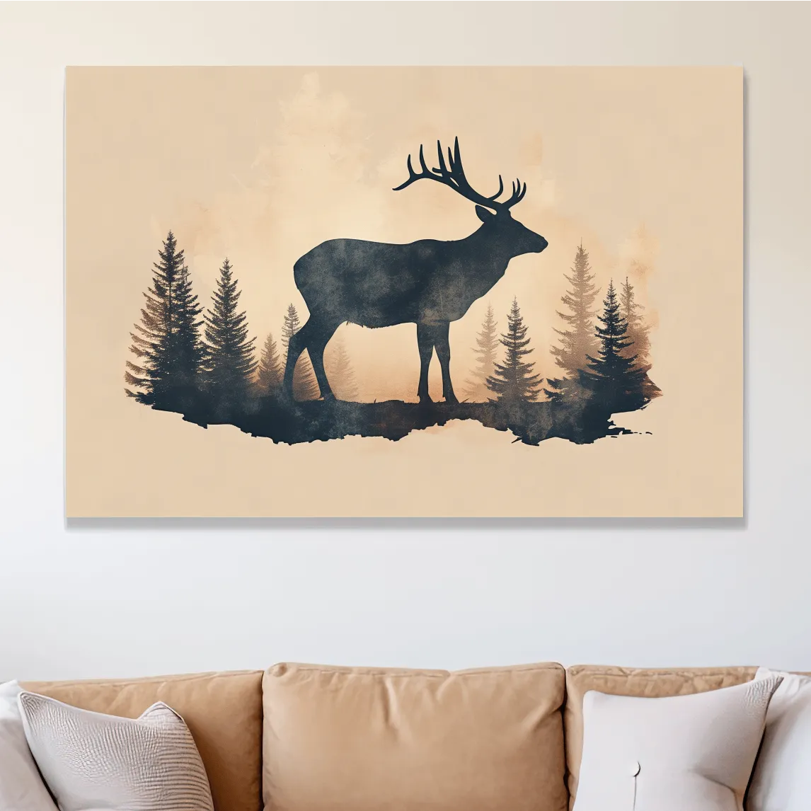 Vintage Sepia Deer Silhouette In Pine Forest - Rustic Woodland Artwork