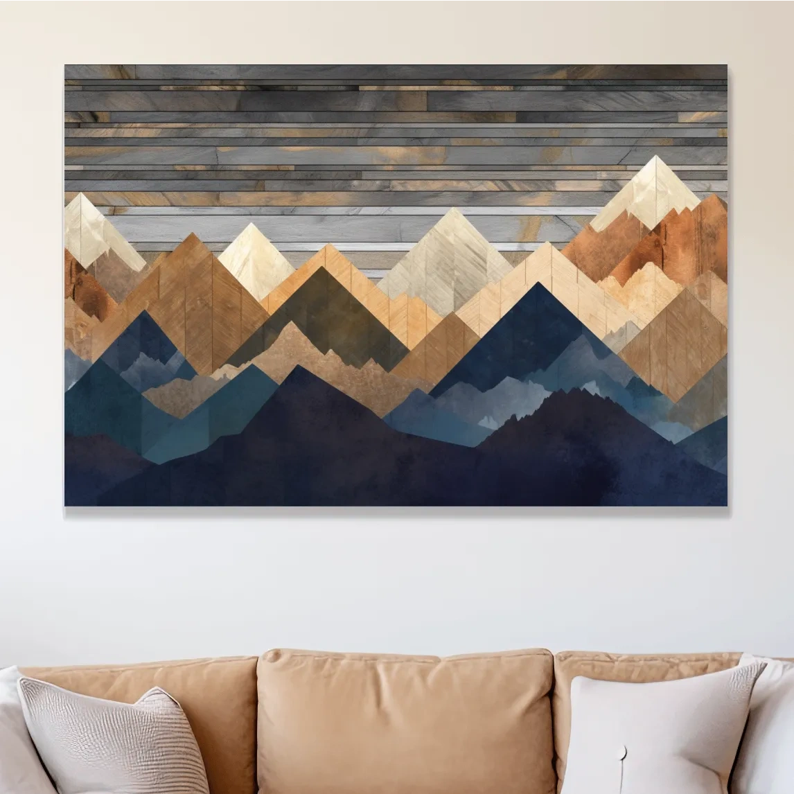 Geometric Layered Mountain Peaks - Rustic Wood Texture Abstract Wall Art