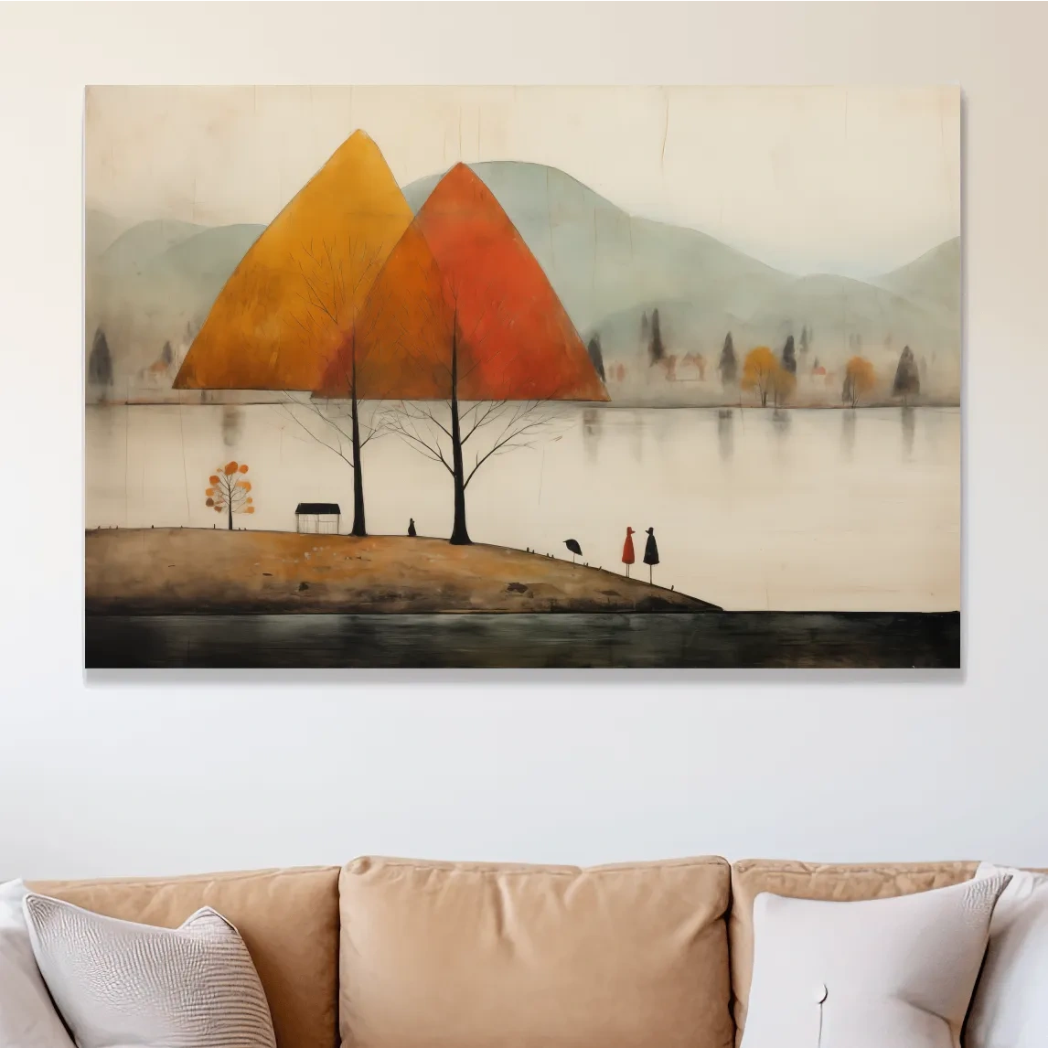 Quirky painting of a lakeside mountain scene in fall