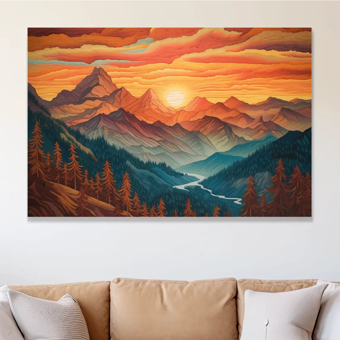 Vibrant Sunset Mountain Range Illustration - Layered Alpine Landscape Wall Art
