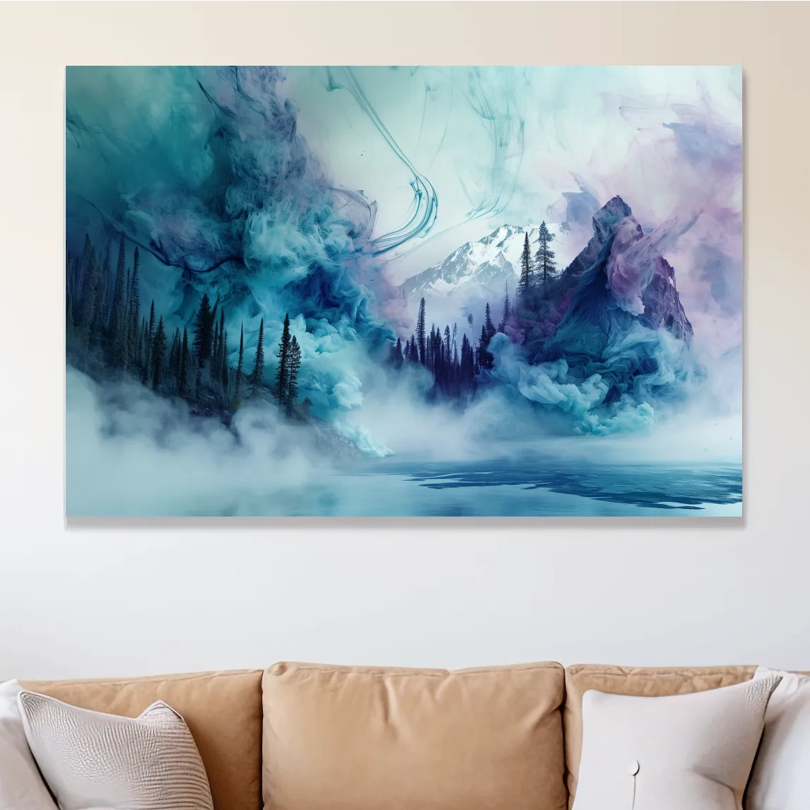 Abstract mountain painting, fog swirling through an alpine lake