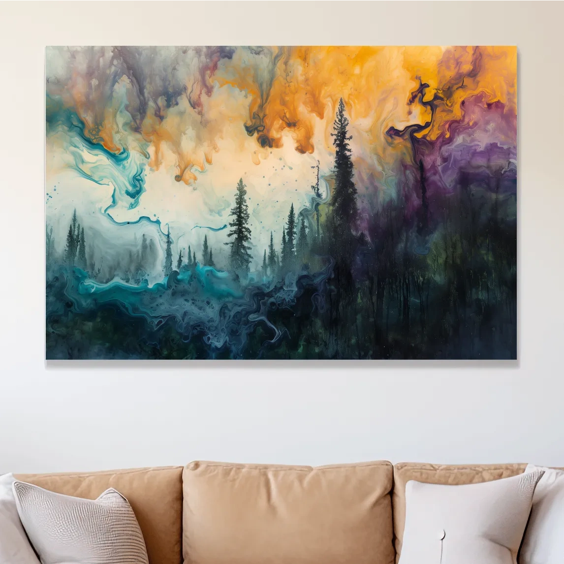 Abstract foggy forest painting, swirling colors and smoke