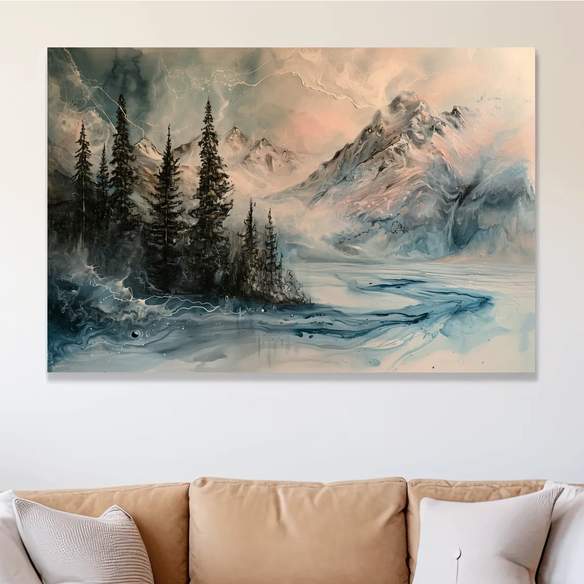 Abstract mountain painting artwork, treelined lake beneath a glacier