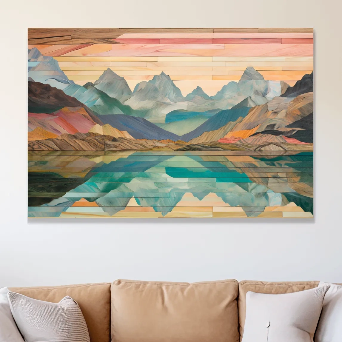Wooden panel style alpine lake and mountain artwork