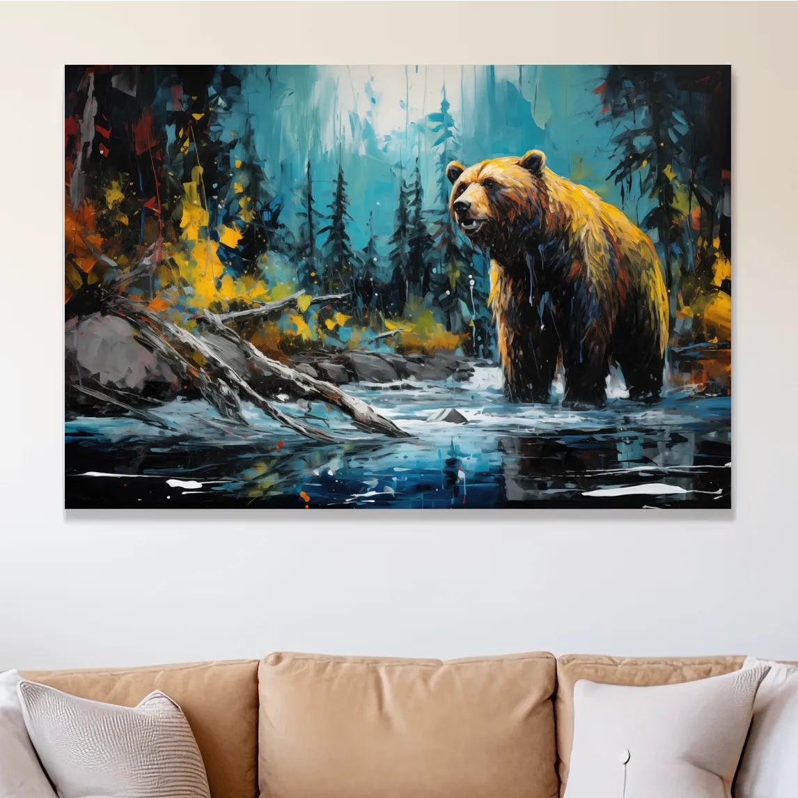 Colourful painting of a grizzly bear in the river
