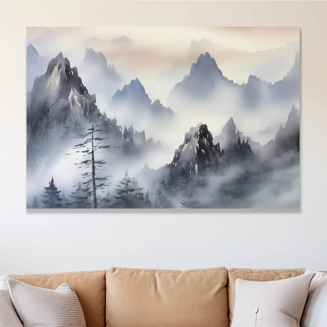 Chinese traditional ink wash style watercolour painting of foggy mountains