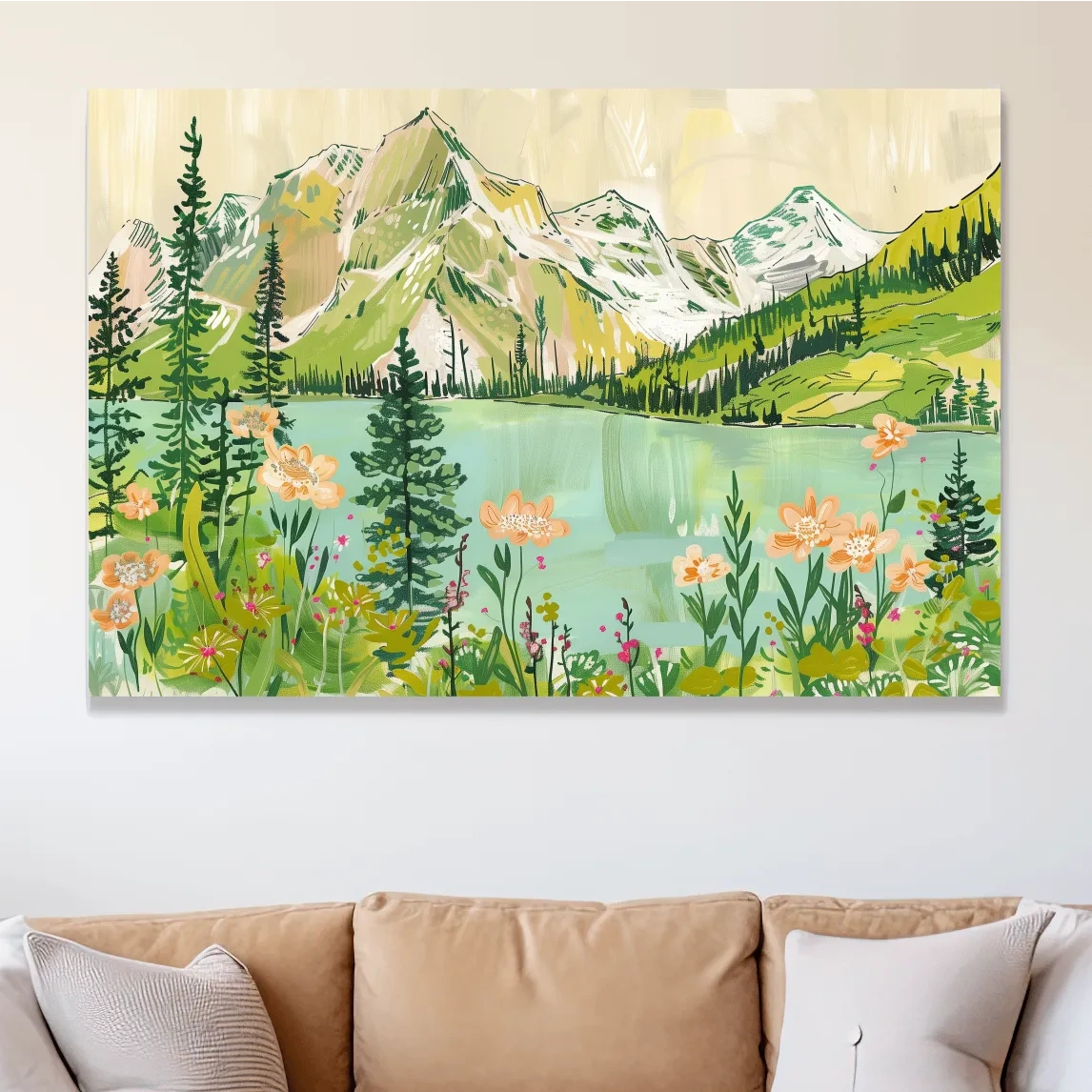 Alpine lake and mountains artwork, stylized painting style
