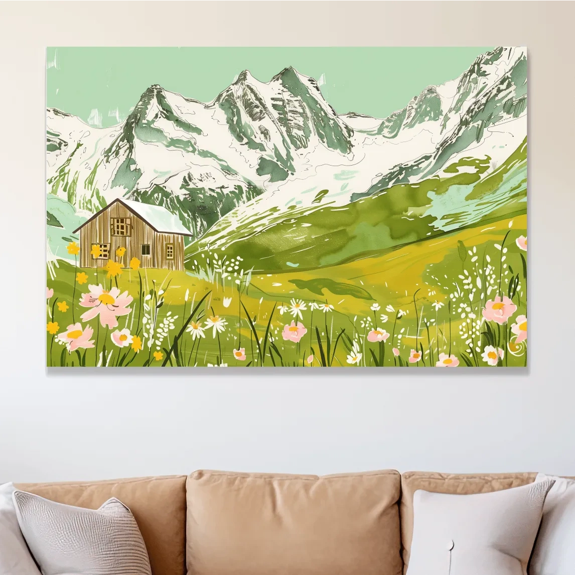 Alpine cabin artwork, flowers and glacier, stylized sketch painting style