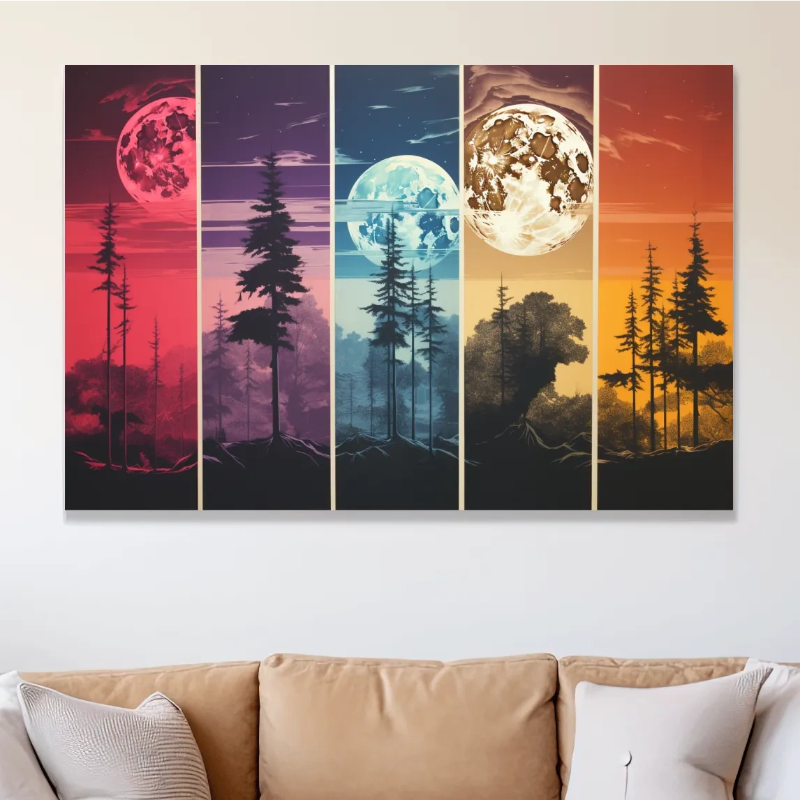 Multipanel colorful treeline under the moonlit sky, risograph style artwork