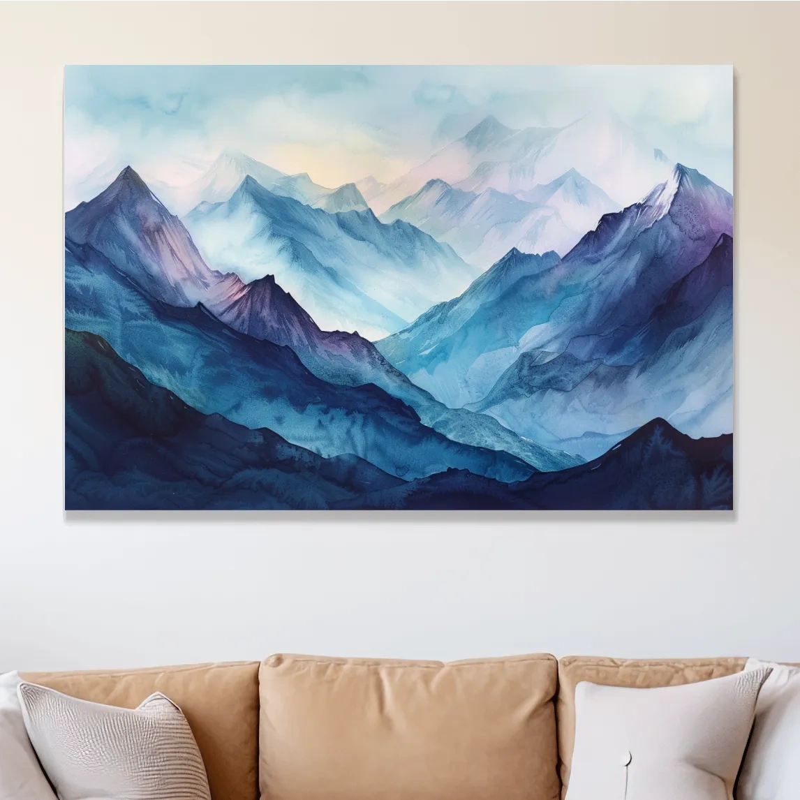 Watercolour mountain painting, colourful mountain landscape artwork