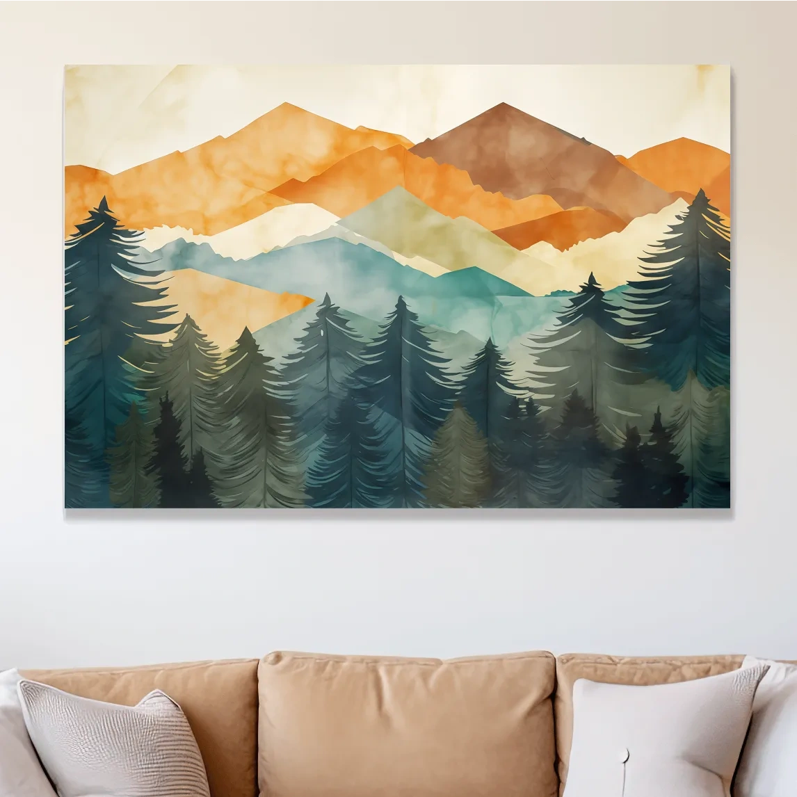 Abstract watercolor painting, mountains and forest
