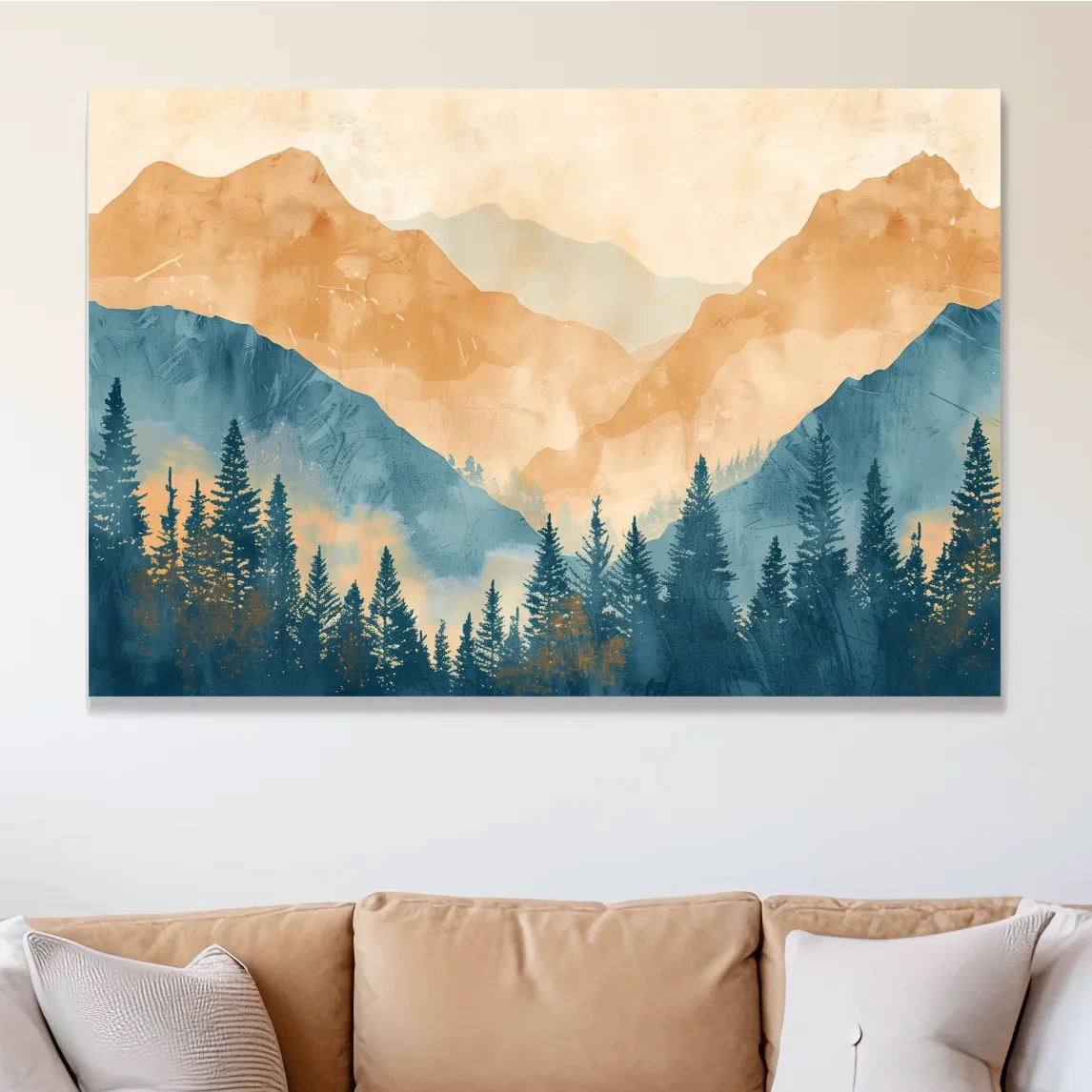 Watercolour painting, foggy treeline in the mountains, textured art style