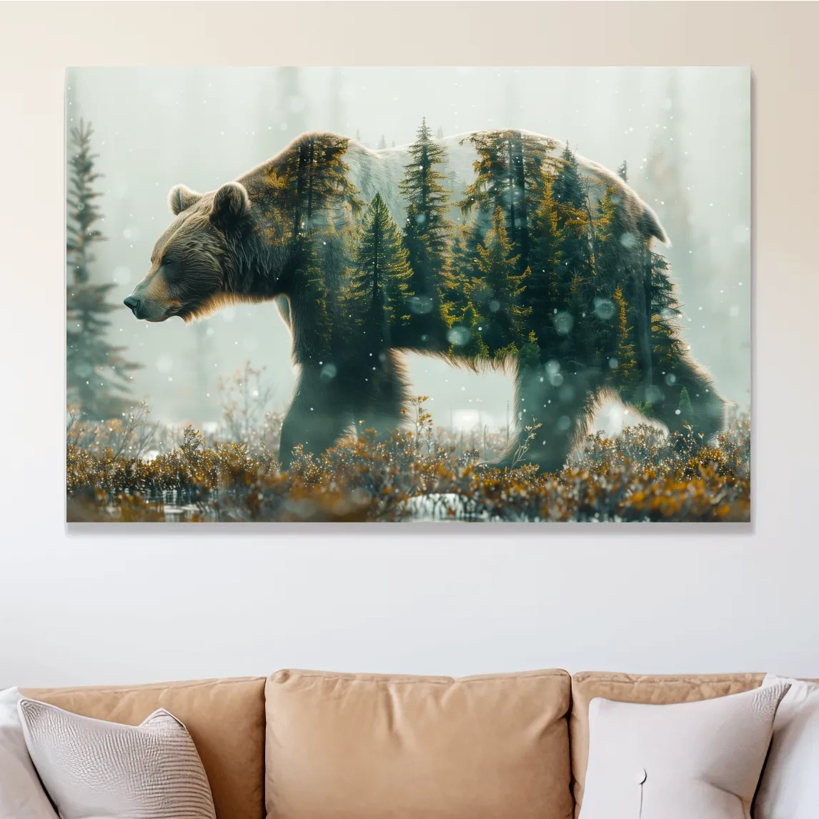 Double exposure photography, grizzly bear in the forest