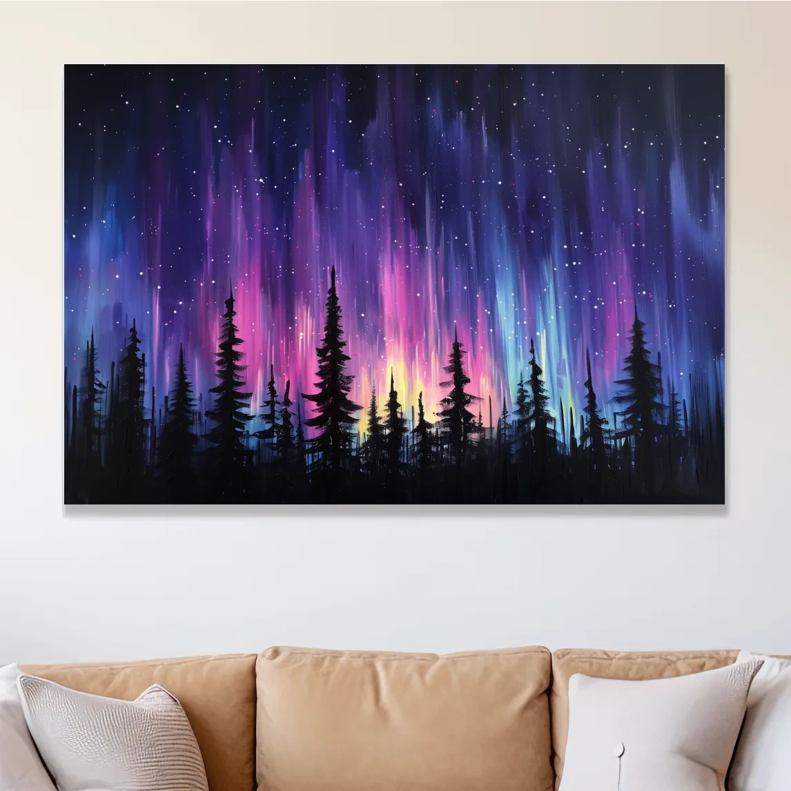 Painting of silhouetted trees against purple and pink northern lights sky