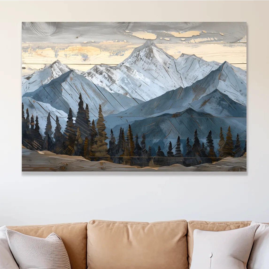 Alpine Forest Mountain Range Artwork - Rustic Woodgrain Landscape Wall Art