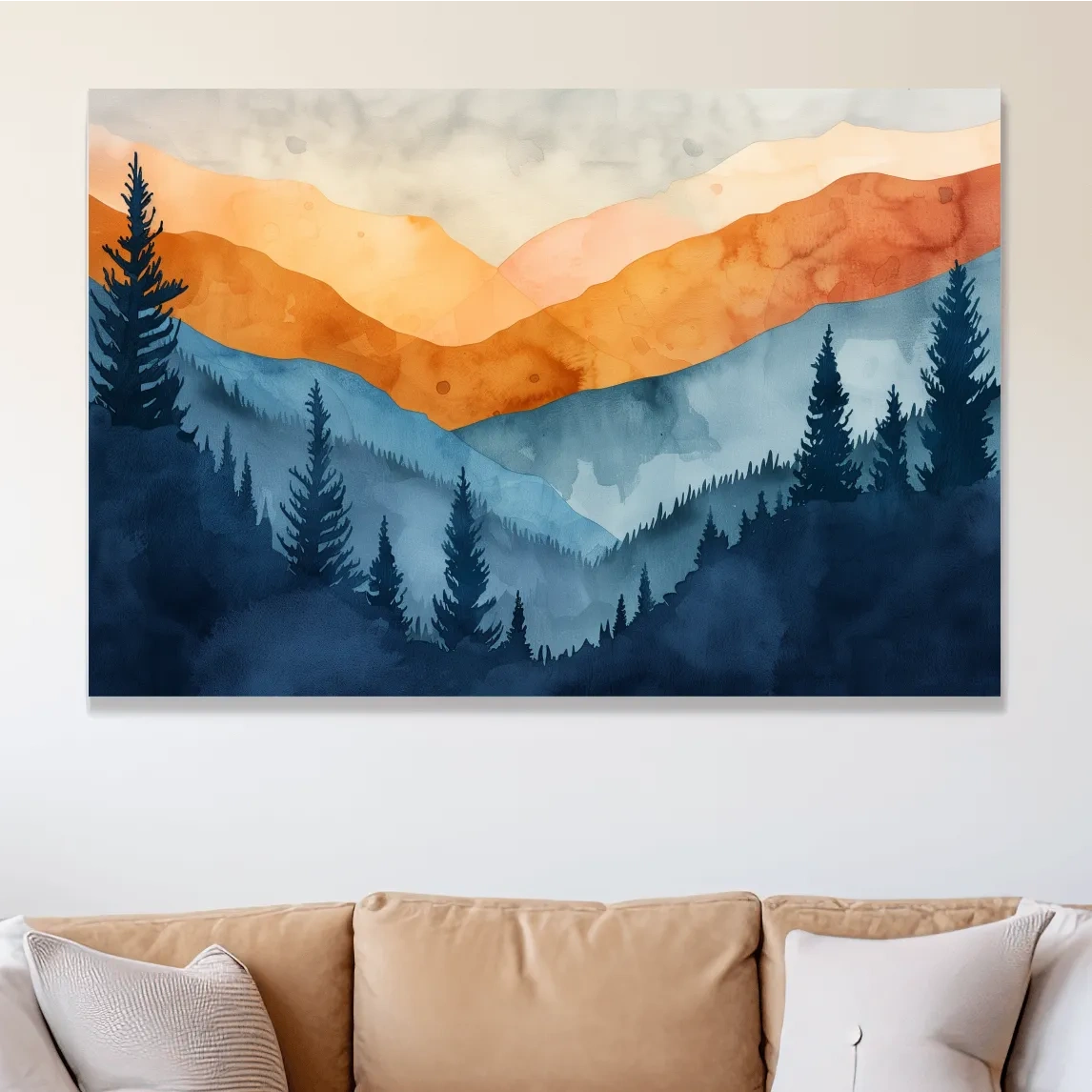 Mountain landscape and forest watercolour painting wall art