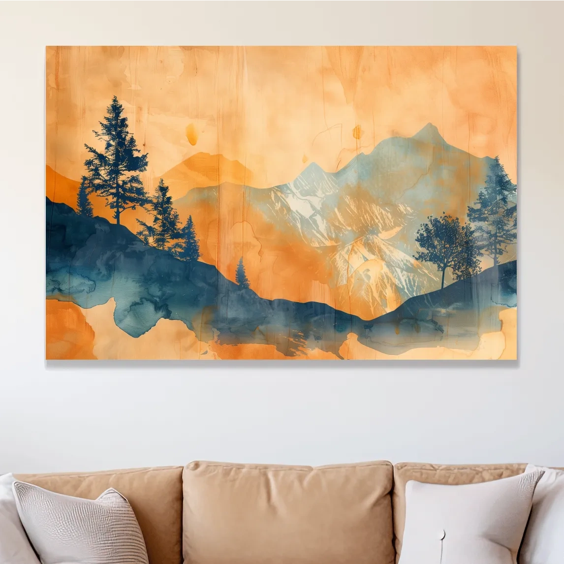 Abstract watercolor painting wall art, trees, mountains and glacier