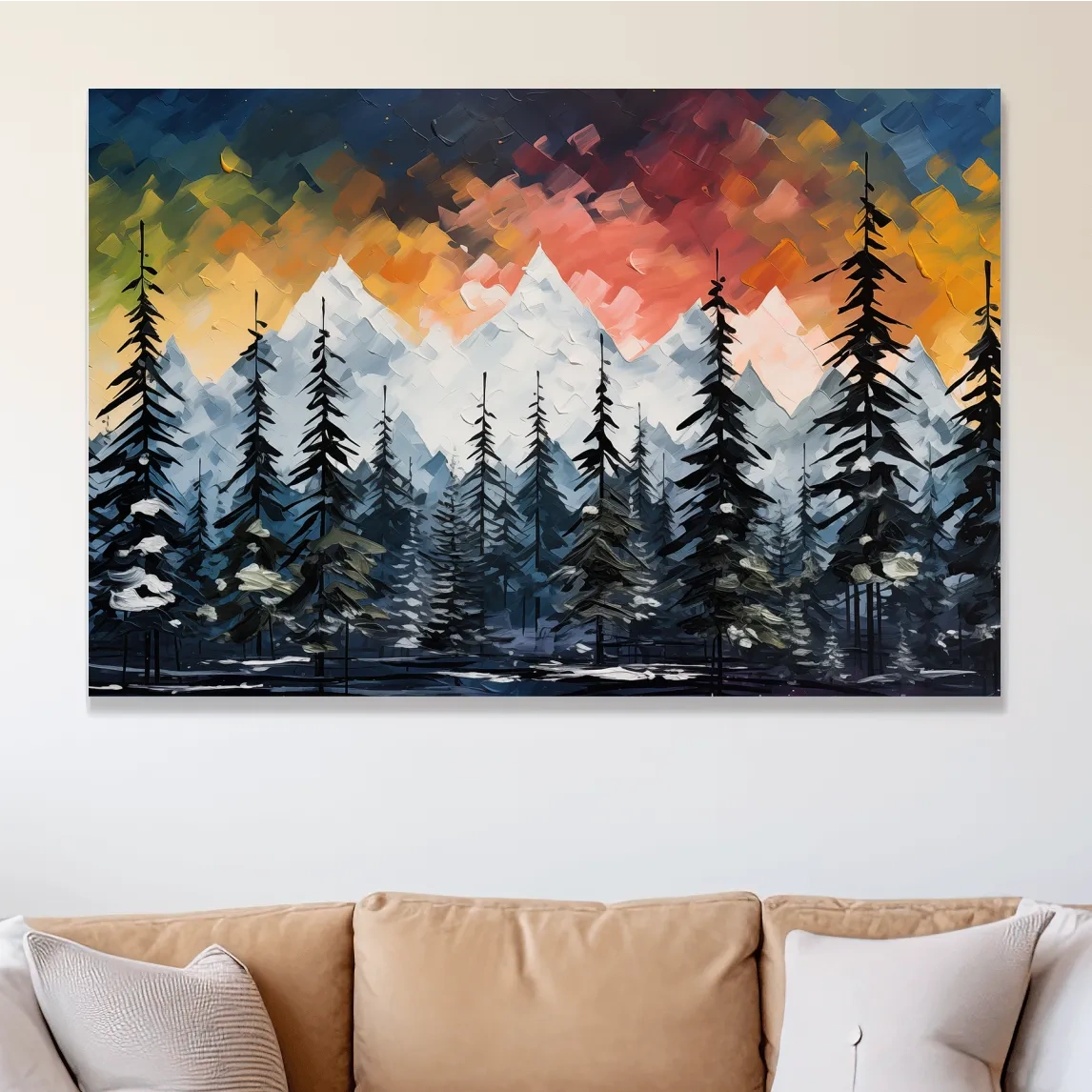 Moody Alpine Mountain Sunset With Pine Forest - Palette Knife Painting Style Landscape Art