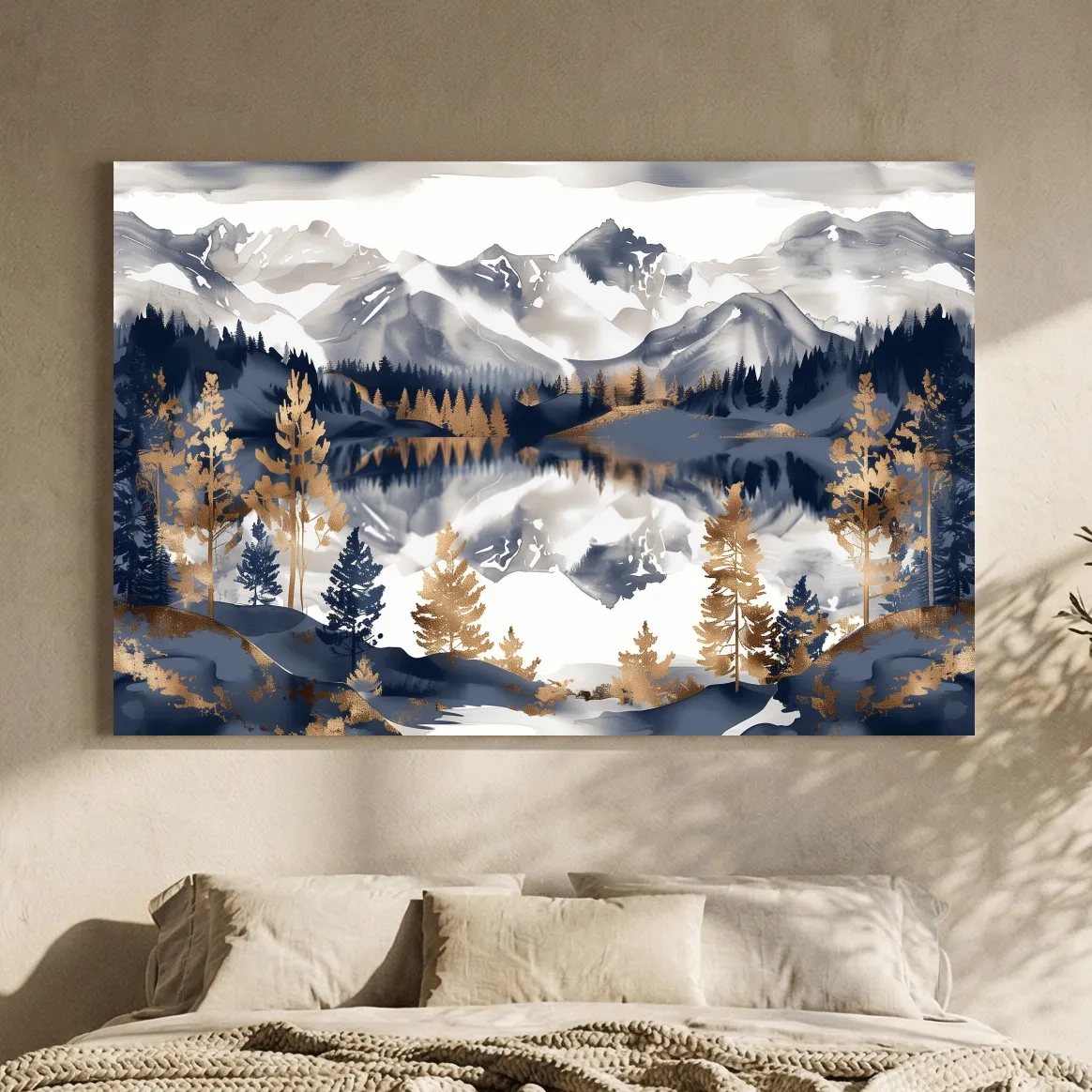 Gold Leaf Style Watercolor Alpine Lake Reflection - Mountain Landscape Artwork