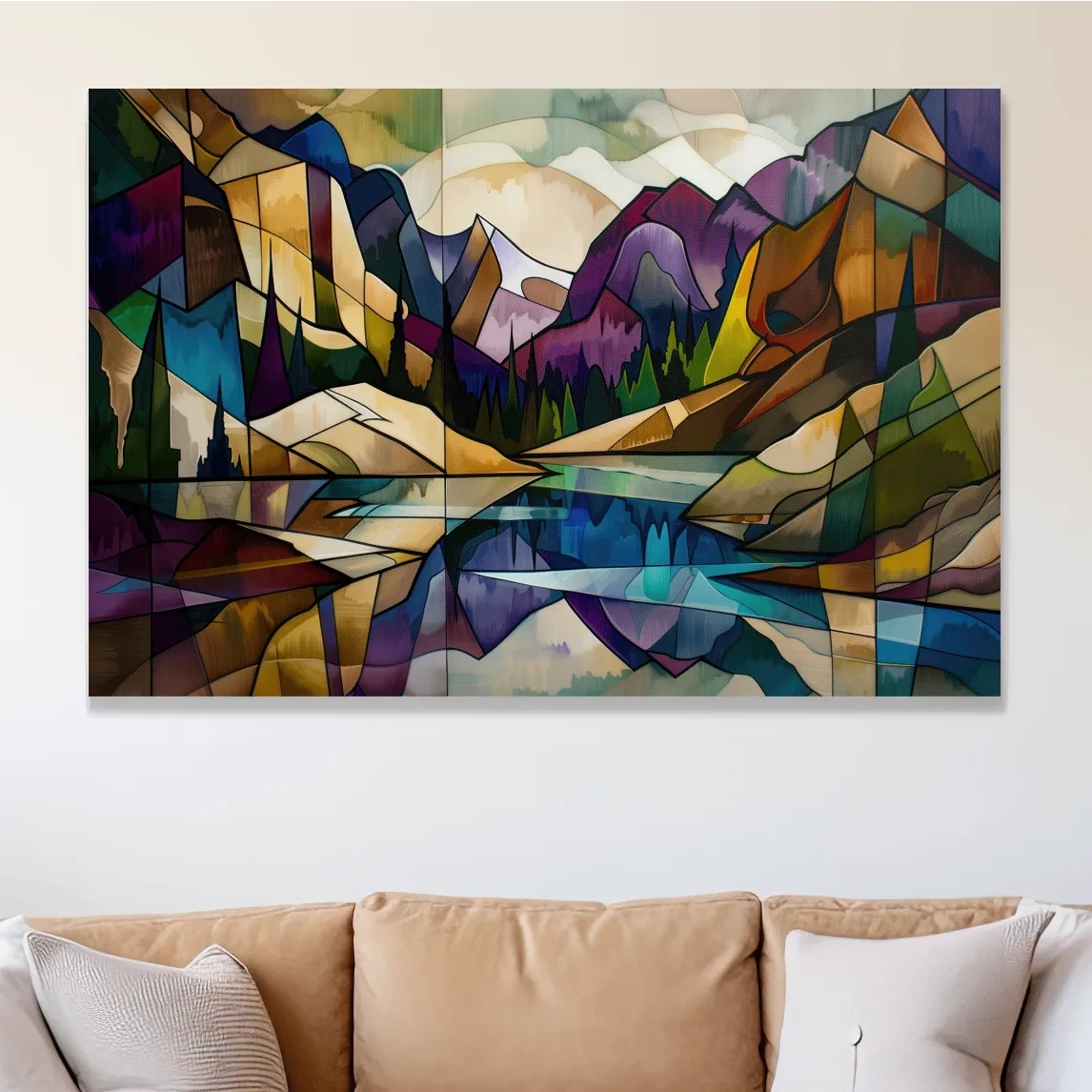 Abstract Stained Glass Mountain Lake Landscape - Colorful Geometric Alpine Wall Art