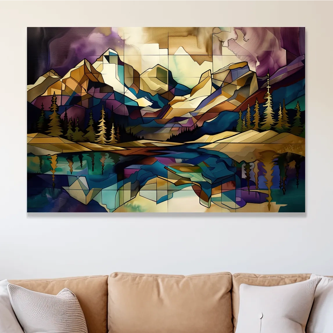 Treelined alpine lake and mountain scene, mixed media style colorful abstract painting