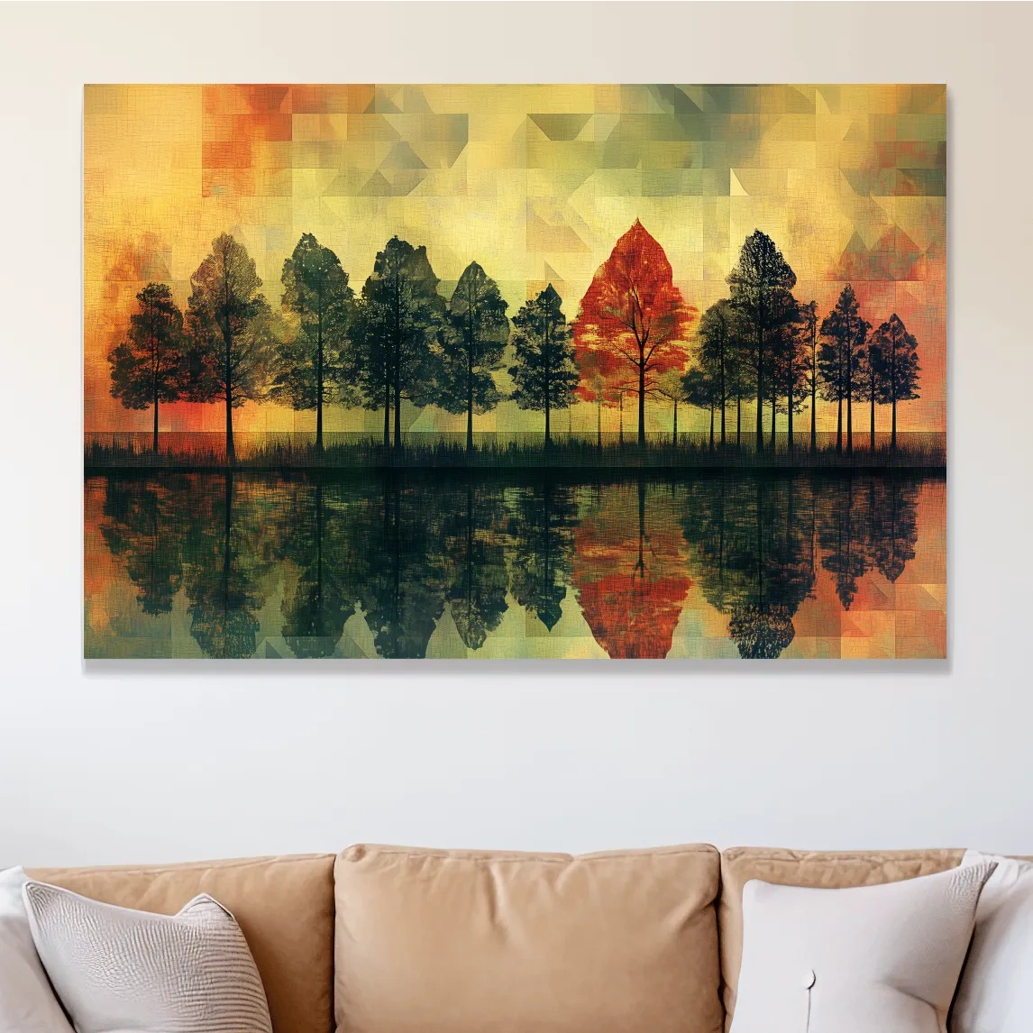 Autumn forest treeline reflections on a lake, mosaic style painting artwork