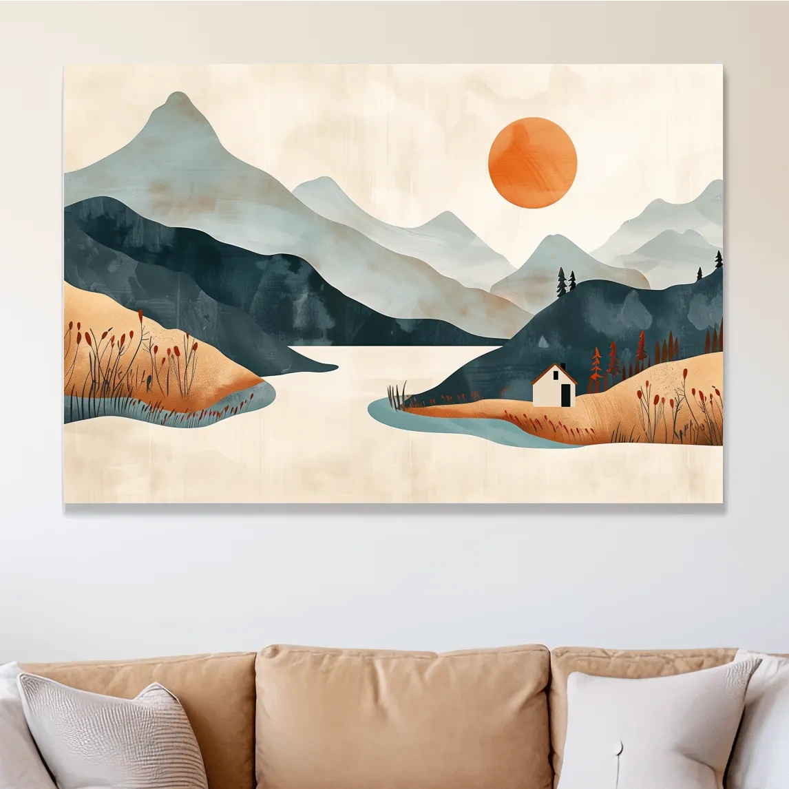 Storybook lakehouse landscape scene, mountain sunset minimalist style illustration artwork