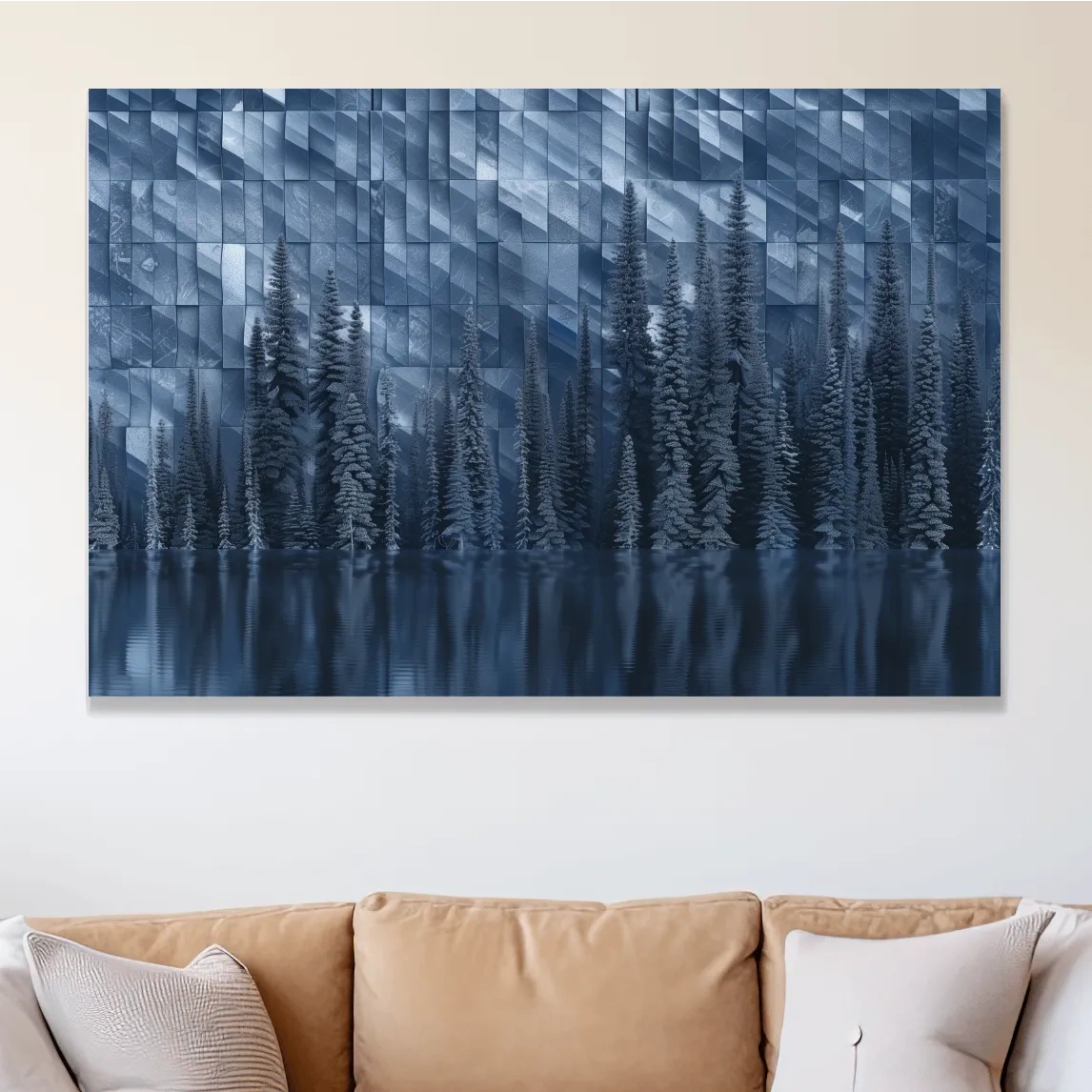 Digital forest artwork, trees reflecting on the lake, tessellated mosaic effect